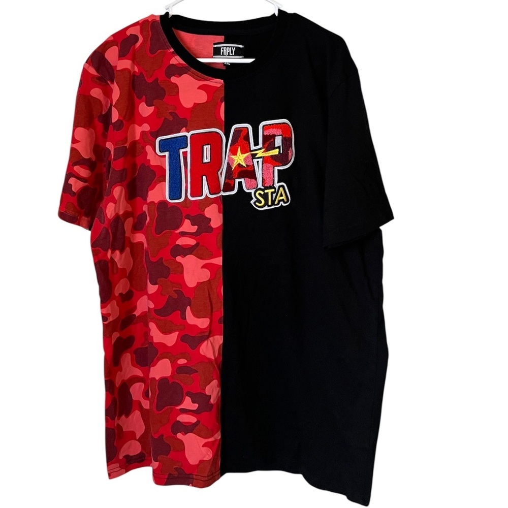FRPLY Men’s Red and Black Camo Print ‘TRAP STA’ Embroidered Casual Shirt 2XL